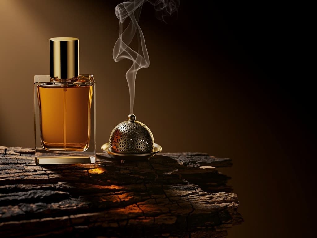 قارورة عطر على خشب عود بجانب مبخرة ودخان خفيف — صورة توضيحية